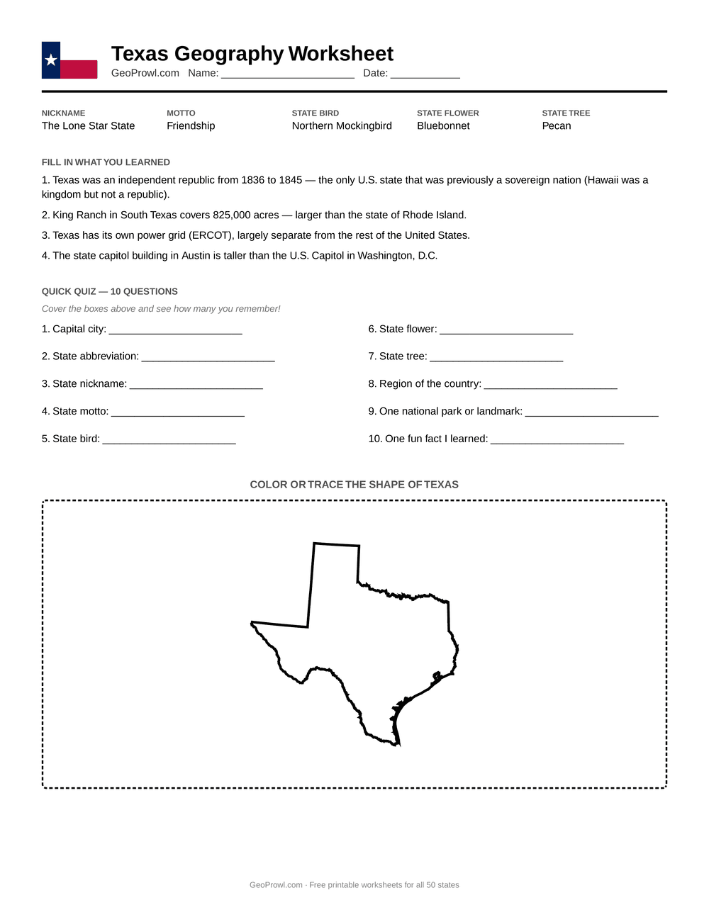 Preview of the printable Texas Geography Worksheet — state symbols, a fun-facts recap, a 10-question quiz, and a state-shape tracing box
