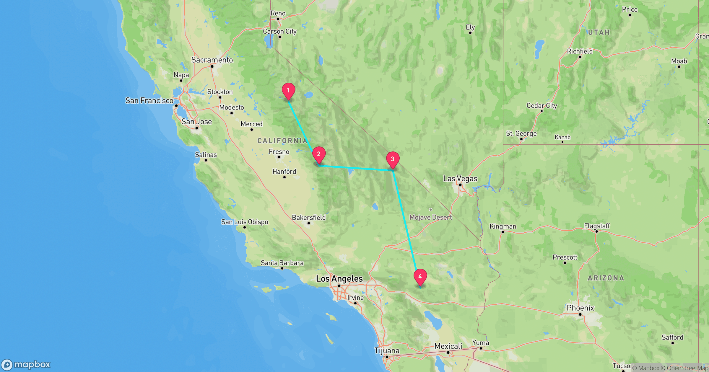 Map of the Sierra to Sand road trip route