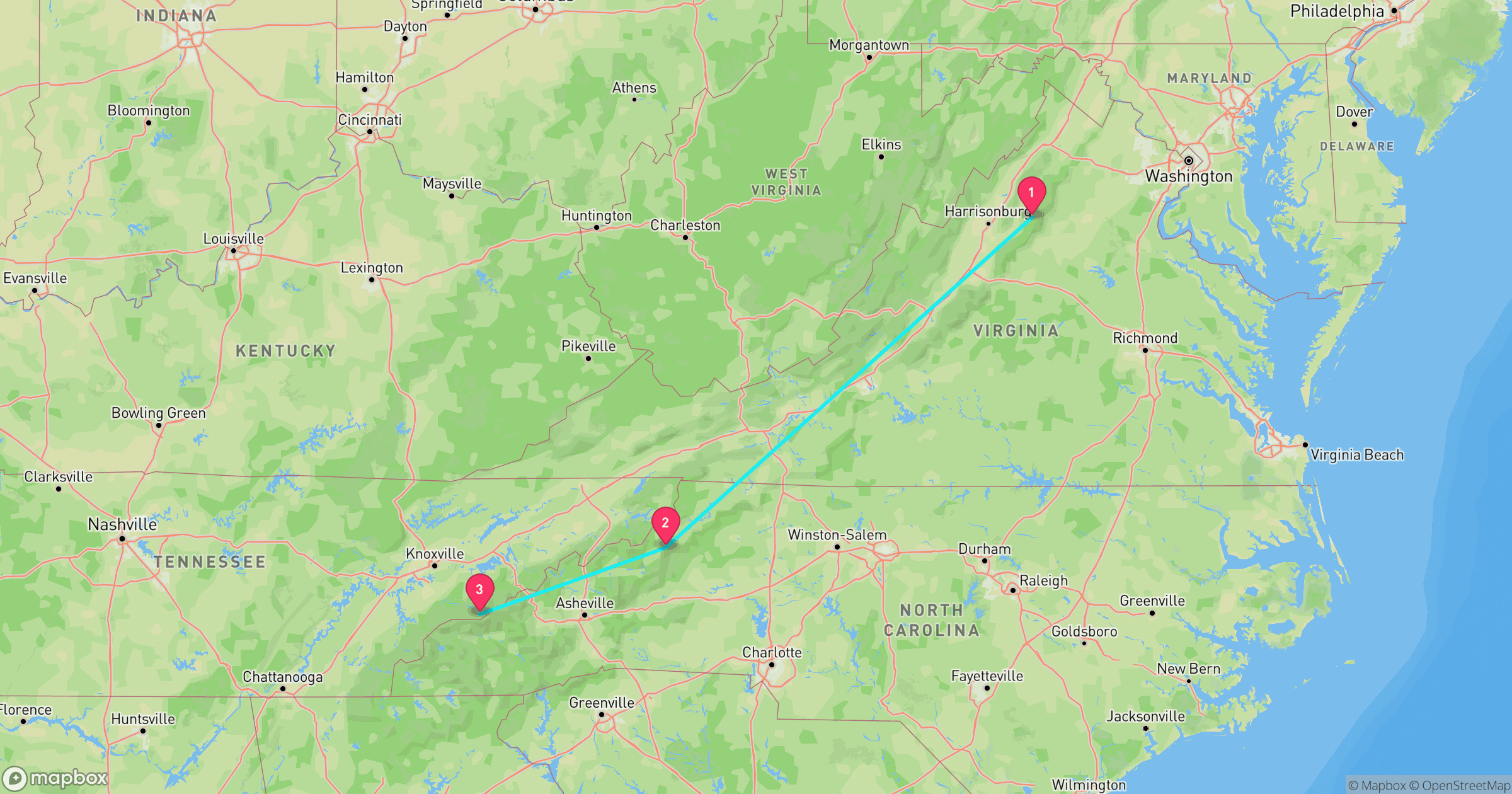 Map of the Skyline to Smokies road trip route