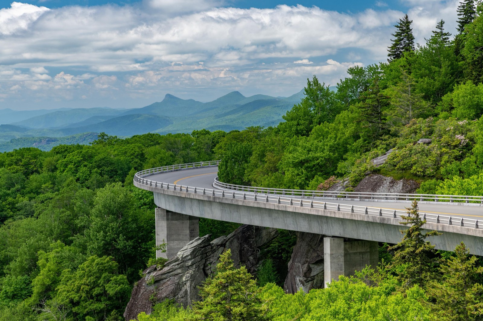 Blue Ridge Parkway (Linn Cove Viaduct), The Linn Cove Viaduct at milepost 304, a 1,243-foot bridge that curves around Grandfather Mountain without touching it