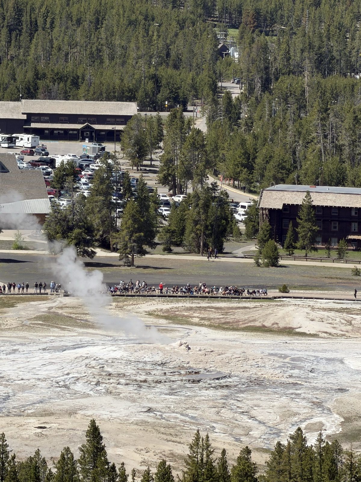 Crowds watching Old Faithful geyser erupt at Yellowstone National Park