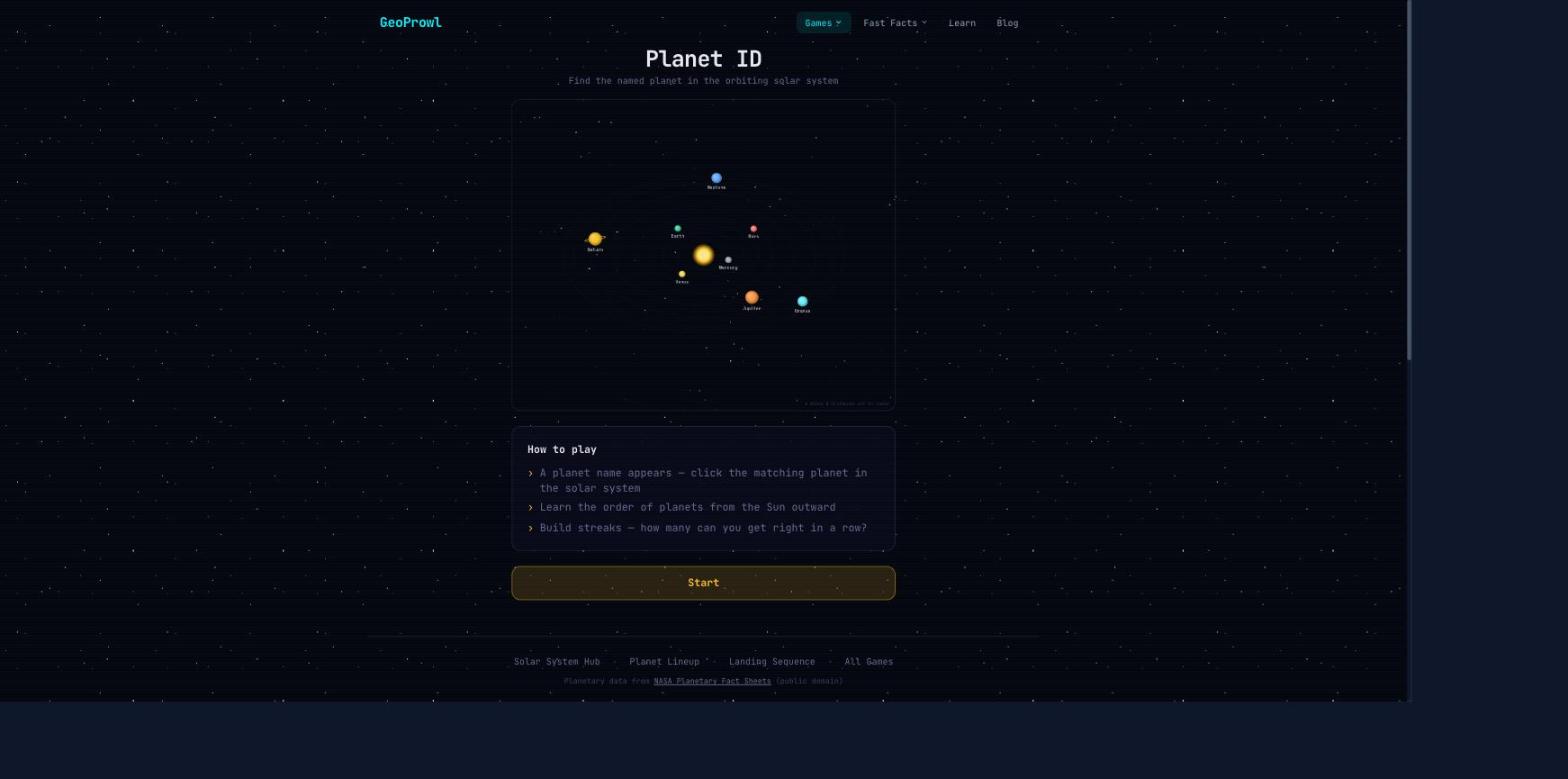 Planet ID game showing the solar system with all eight planets labeled around the Sun