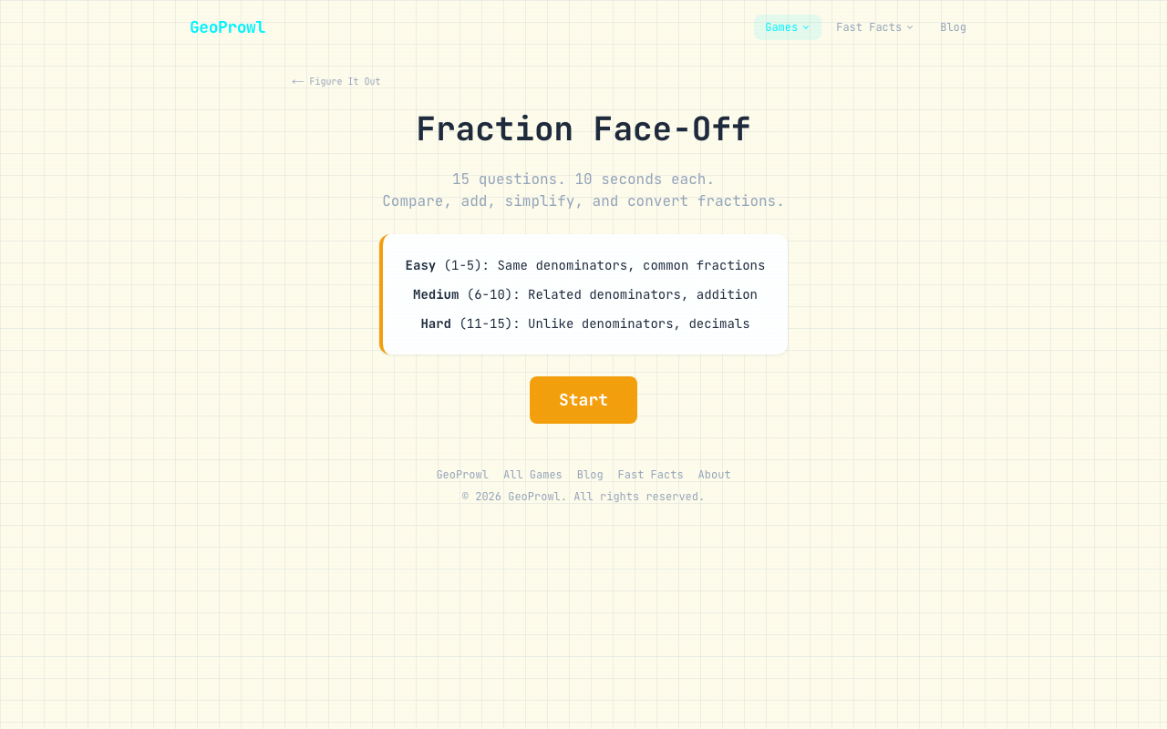 Fraction Face-Off game start screen with three difficulty tiers