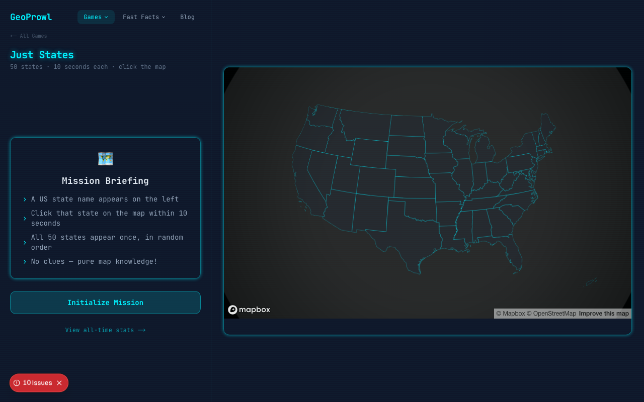 Just States game with a US map outline showing all 50 state borders